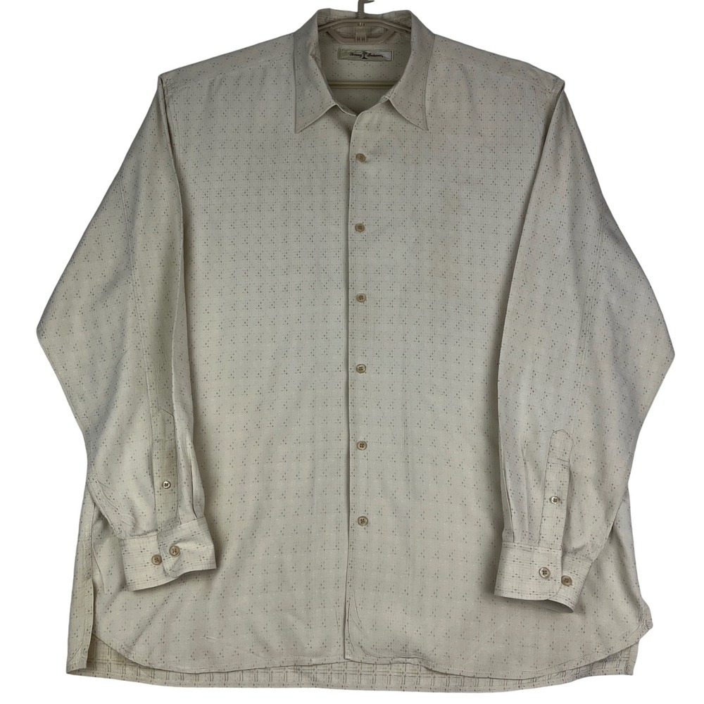 Tommy Bahama Button Down Shirt Mens XL 100% Silk Cream Geometric‎ Long Sleeve